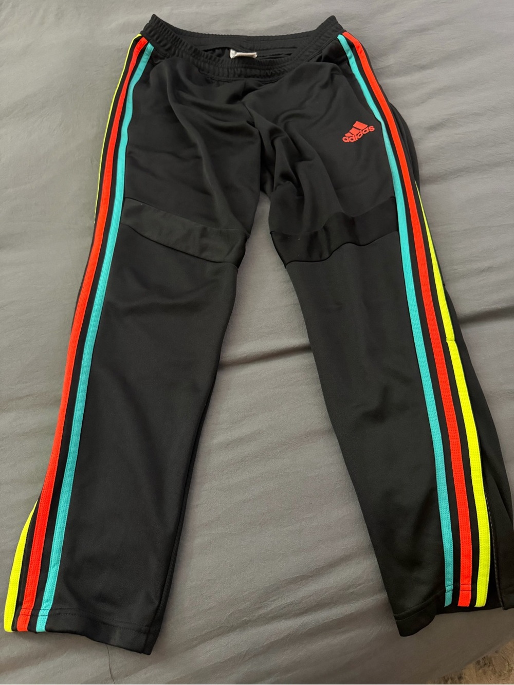 adidas Black Joggers with Neon Red, Teal & Yellow Side Stripes